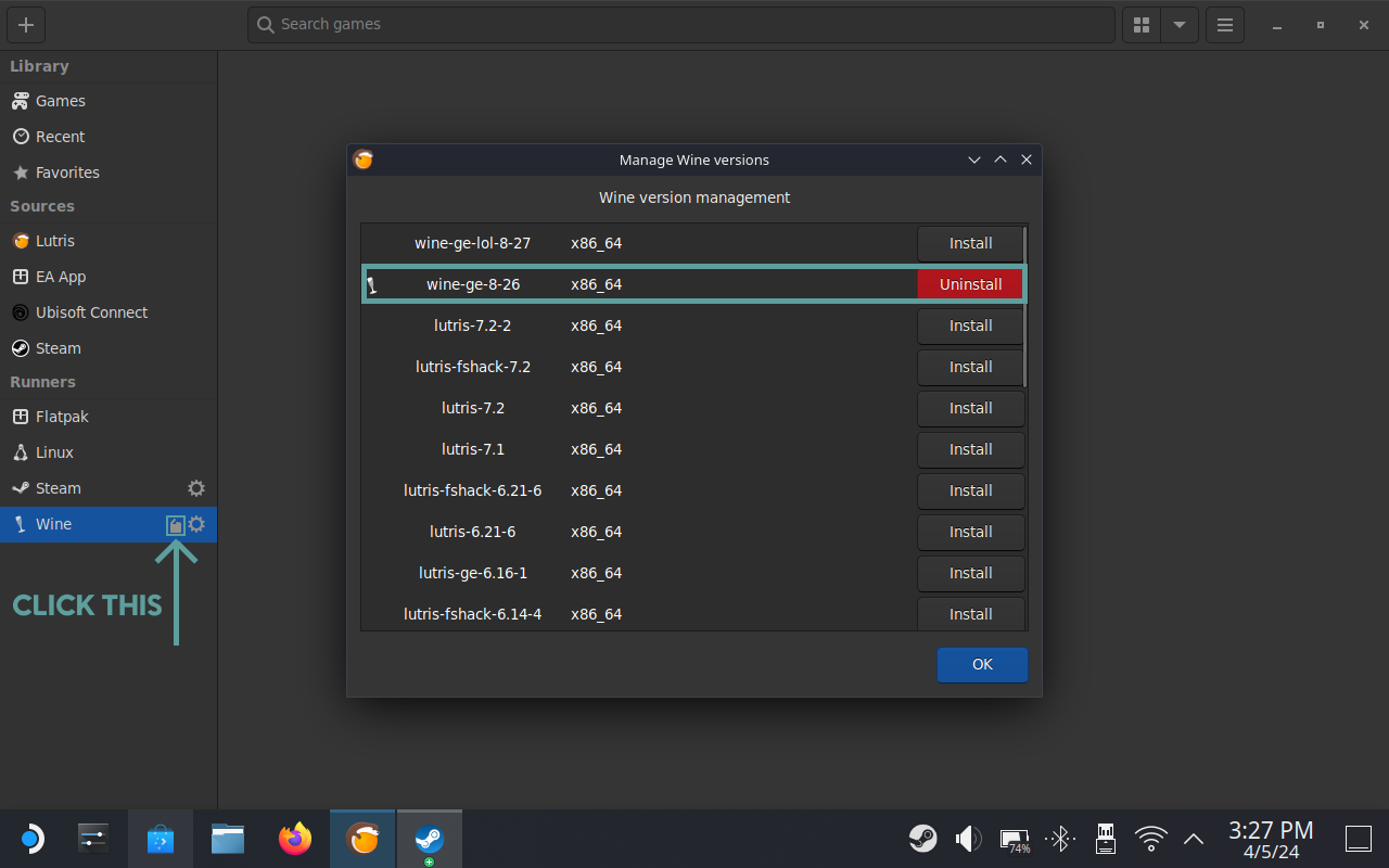Lutris wine setup